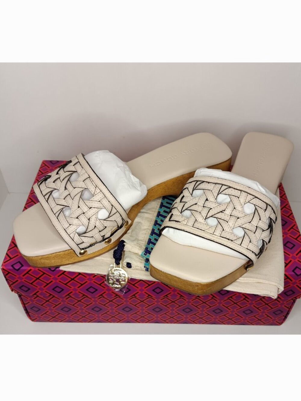 TORY BURCH NEW CREAM BASKET WEAVE CLOG CALF LEATHER